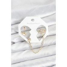Pirinç Gold Renk Uzay Model Zincir Bağlantılı Ear Cuff Küpe Seti 5886 - MOVERA4619-9573