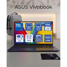 Asus Vivobook 15, Intel Core 7 (150U), 32GB Ddr5, 512GB SSD Freedos + Canta ve Mouse Hediye