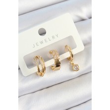 Pirinç Zirkon Taşlı Halka Model Gold Renk 3'LÜ Çift Kadın Küpe Set 5886 - MOVERA5742-15