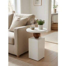 Cega Mobilya Modern Tasarım Yan Sehpa – Beyaz Gövde & Ahşap Küre Detaylı Dekoratif Salon Koltuk Sehpası 58 cm Yükseklik, 40 cm Üst Tabla