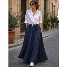 Seldağ Moda Gabardin Gizli Cepli Düz Lacivert Renk Beli Lastikli 95 cm Boy Maxi Kloş Etek