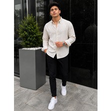 Passionis Erkek Ekru Ince Çizgili Premium Dokulu Gömlek