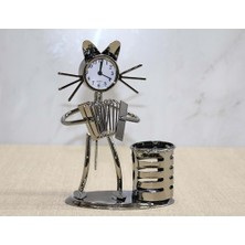 Toptan Bulurum Metal Akordiyon Çalan Kedi Müzisyen Saat ve Kalemlik