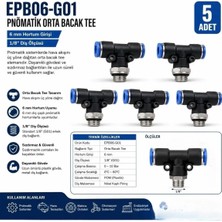 Firetech EPB06-G01 1/8'' - 6 mm Pnömatik Orta Bacak Tee 6 mm (5 Adet)