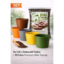 Plant Home Power Mix 5’li 1,8 L Dekoratif Kırılmaz Saksı Seti + 10 L Premium Bitki Toprağı (Cocopeat & Perlitli)