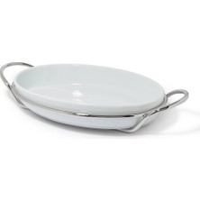 Zanetto Oval Tepsi Tabak, Porselen & Gümüş Tutucu, Şık Sunum