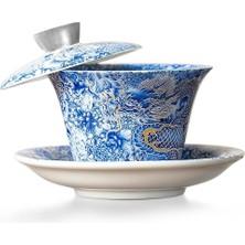 Fanquare Çin Ejderhası Gaiwan Mavi Sancai Çay Kasesi Seti, 100 ml Porselen Fincan ve Tabak