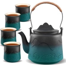 Zens Japon Çay Seti 4 Çay Fincanı, Kabartmalı Seramik Çaydanlık ve Dahili Süzgeç