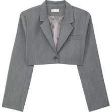 Reborn Society Kadınlar Için Şık Yaka Detaylı Crop Blazer