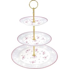 Fanquare 3 Katlı Pasta Standı, Pembe Çiçekli Porselen Stand