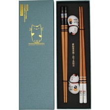 Home London Breeze Kedi Temalı Sushi Yemek Çubuğu Seti, 2 Çift Premium Ahşap Çubuk, Seramik Kedi Altlıklı