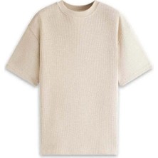 American Rag Cie El Yapımı Dantel Yaka Bej Pamuklu Waffle T-Shirt - Regular Fit