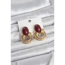 Bşk Virgo Pirinç Gold Renk Bordo Taşlı Vintage Kadın Küpe