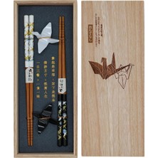 Home London Breeze Origami Temalı Sushi Yemek Çubuğu Seti, 2 Çift, Altlıklı, Ahşap Kutuda