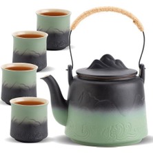 Zens Japon Çay Seti 4 Çay Fincanı, Kabartmalı Seramik Çaydanlık ve Dahili Süzgeç