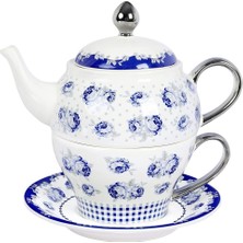 Fanquare Vintage Mavi Çiçekli Çay Seti, Puantiyeli Porselen 450 ml Çaydanlık, 220 ml Fincan