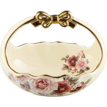 Fanquare Vintage Seramik Meyve Sepeti, 19 Cm, Dalgalı Kenarlı, Altın Saplı Seramik Kase
