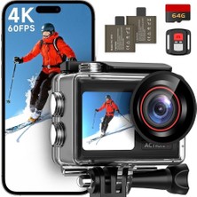 Syndesmos Action Cam 4K 60FPS, 40M Su Geçirmez, 30MP, Çift Ekran, 64GB Kart, Wifi, Uzaktan Kumanda