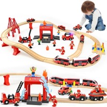Ulikey 58 Parçalı Ahşap Tren Seti, Elektrikli Lokomotif ve Itfaiye Aracı ile Model Demiryolu Oyuncağı