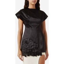 Awake Rectangle Fringe Saten Top, Siyah