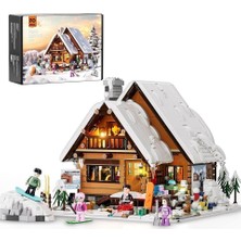Funwhole Christmas Ski House Işıklı Yapı Blokları Seti, 2187 Parça, Kar Evinde Kayak ve Noel Partisi Sahnesi