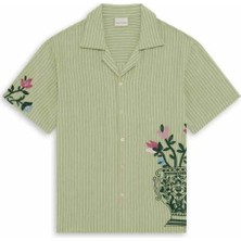 American Rag Cie La Chemise Rayée Fleurs: Yeşil Kısa Kollu Çiçek Nakışlı %100 Pamuk Gömlek
