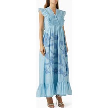 Aekatri Çiçek Işlemeli Pamuk-Satin Midi Elbise - Mavi Renk, Şık ve Bohem Tarzı ile Rahat Günlük Kullanım