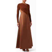 Eegen Studio Şık Drapeli Maxi Elbise Uzun Kollar, Asimetrik Yaka, Taffeta ve Twinkle Knit