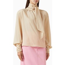 Rowen Rose Oversized Bow-Neck Blouse, Lüks Georgette Yüksek Yakalı Şık Balon Kollu Bluz