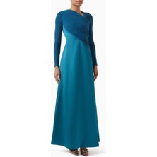 Eegen Studio Drapeli Maxi Elbise Uzun Kol, Asimetrik Yaka, Taffeta Kumaş