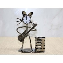 Metal Gitar Çalan Kedi Müzisyen Saat ve Kalemlik