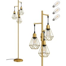 Edishine 3 Başlıklı Dimlenebilir Retro Ayaklı Lamba E27 Led, Kafes Şapkalı, 166 cm
