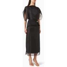 Eegen Studio Elegen Farida Midi Elbise - Taffeta, Şık Asimetrik Kollar, Geniş Ayrılabilir Bel Kemerli Tasarım