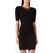 Elisabetta Franchi Diamond-Trim Siyah Triko, Mini Elbise Lüks Akşam Şıklığı