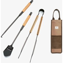 Snow Peak Fire Tool Set, Çelik Kamp Ateş Aletleri Seti, Bambu Saplı, Çantalı 3 Parça