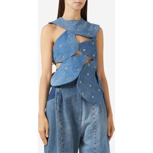 A.w.a.k.e. Mode Upcycled Denim Stud-Embellished Island Top, Mavi