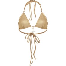 Agent Provocateur Berry Gold Halter Bikini Üstü Ayarlanabilir Fırfırlı, Italyan Metalik Kumaş, Kristal Yıldız Detay