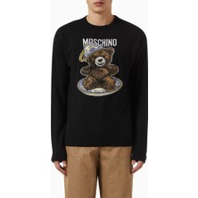 Moschino Yün Karışımlı Logo Kazak, Siyah, Ön Logo Detaylı, Ribanalı Manşet ve Etek Ucu