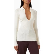 Elisabetta Franchi Ribbed Knit Top, Lüks V Yaka Polo Yaka Triko Bluz