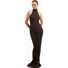 Because Of Alice Fine Knit Gathered Halter Neck Maxi Dress Shimmer Ribbed Knit Kadın Elbise