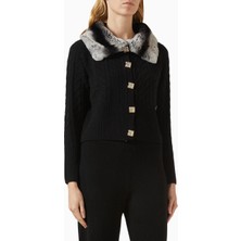 Izaak Azanei Fur-Trim Buttoned Cardigan, Siyah Şık ve Lüks Kadın Yün-Kaşmir Hırka