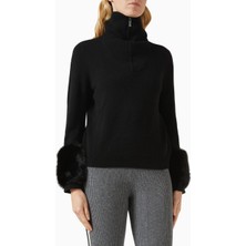 Izaak Azanei Zip-Up Faux Cuff Sweater, Siyah Şık ve Lüks Kadın Yün-Kaşmir Kazak