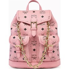 Mcm Mini Aren Pudra Pembe Visetos Altın Zincir Detaylı Lüks Sırt Çantası