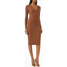 Elisabetta Franchi Ribbed Chest Pocket V Yaka Logo Düğmeli, Triko Midi Elbise