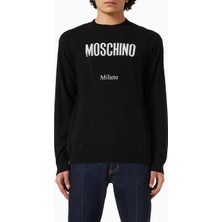 Moschino Yün Karışımlı Logo Kazak, Siyah, Ön Logo Detaylı, Ribanalı Manşet ve Etek Ucu