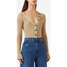 A.w.a.k.e. Mode Rib-Knit V Yaka Kadın Cardigan Bodysuit, Bej
