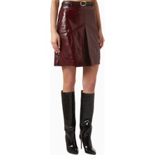 Self-Portrait Belted Lamb Leather Mini Skirt, Parlak Bordo Kuşaklı Deri Etek
