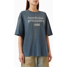 Acne Studios 1996 Logo Baskılı Tişört - Mavi - Pamuk Karışımı %85 Pamuk, %15 Kenevir