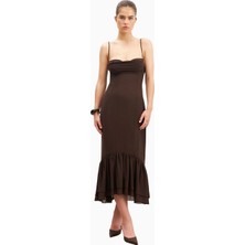 Because Of Alice Chiffon Ruffle Ruched Bust Midi Dress Cowl Neck Midi Kadın Elbise