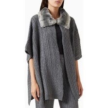 Izaak Azanei Collar-Detail Poncho, Gri Şık ve Lüks Kadın Triko Panço